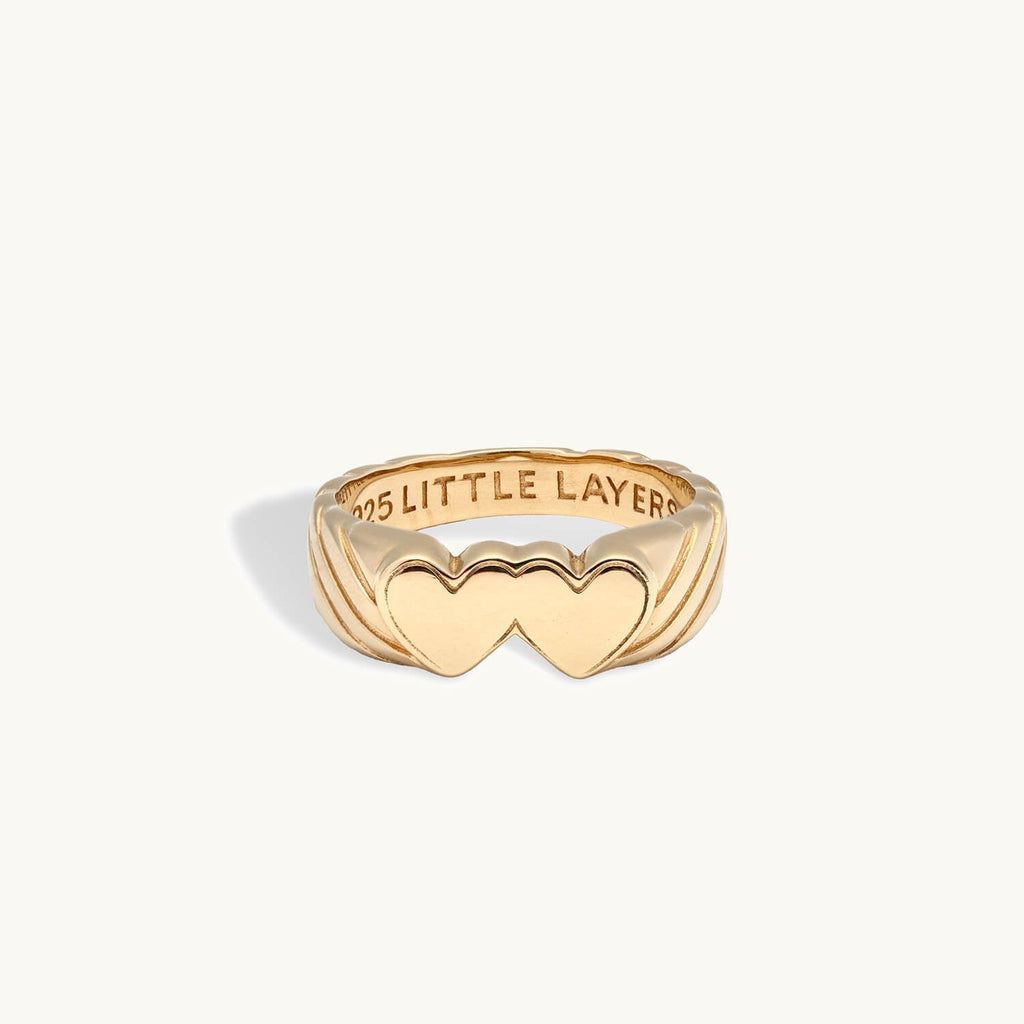Gold Double Heart Signet Engravable Ring
